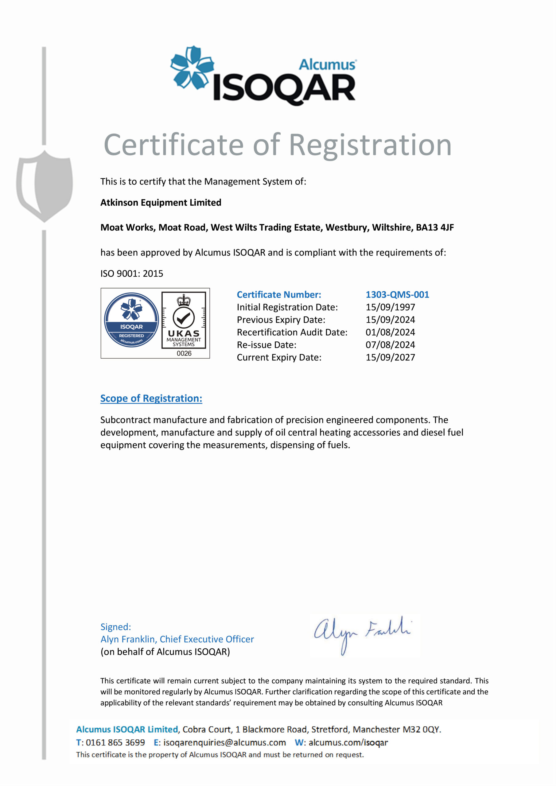 1303 - Atkinson Equipment Limited - ISO 9001